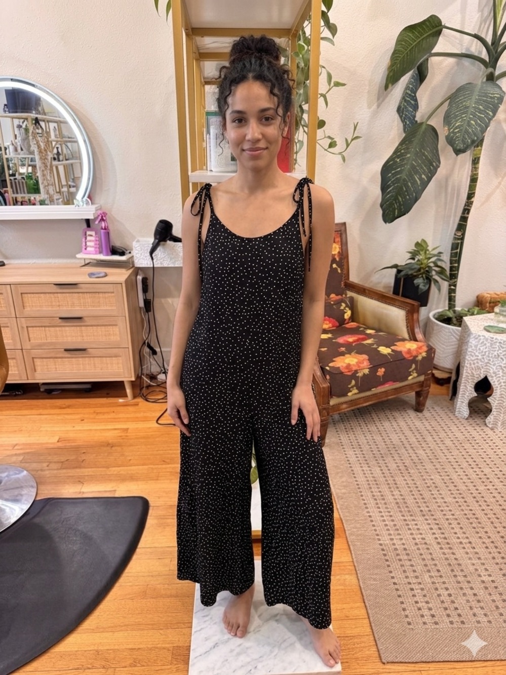 Black Polka Dot Tie-Strap Romper. Small